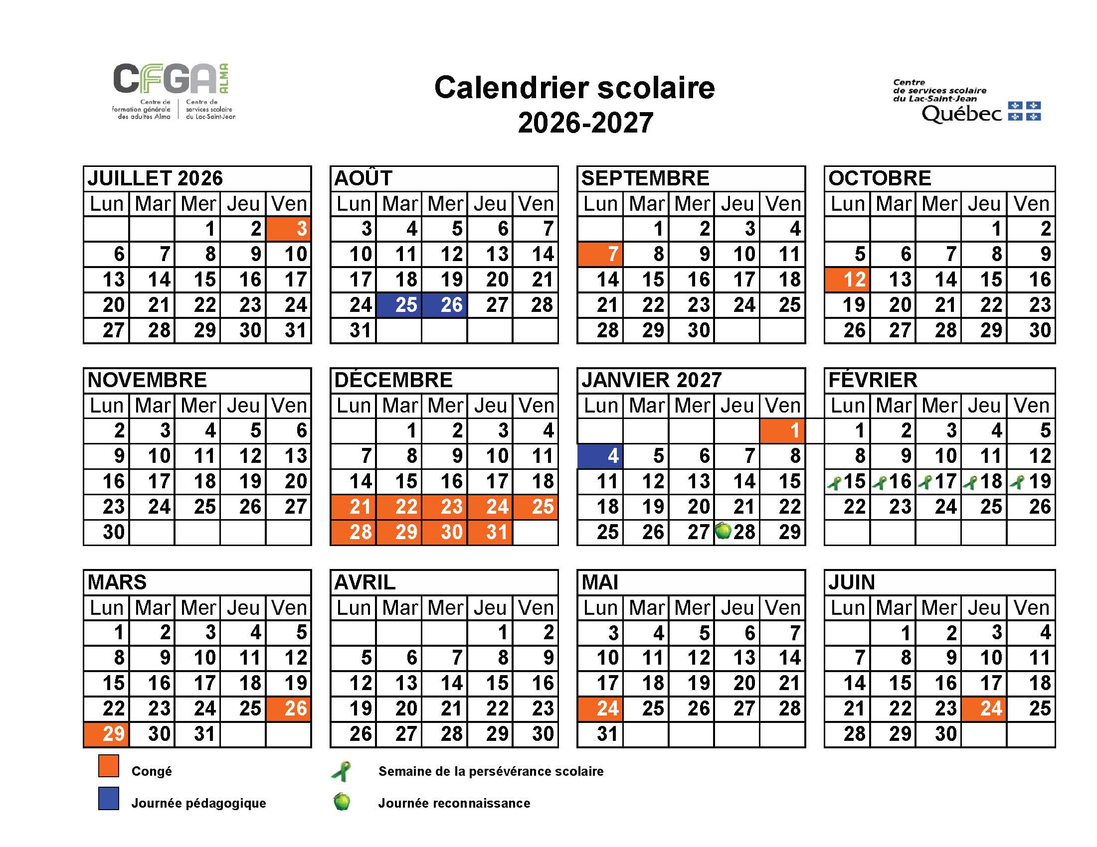 Agenda Du Personnel Calendrier CFGA 2026 2027